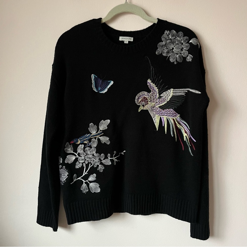 Evereve Black Sweater with Embroidered Bird and Floral Design